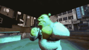 shrek is dancing in front of a building that has a sign that says ' chinese ' on it