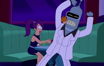 bender from futurama is dancing with a woman