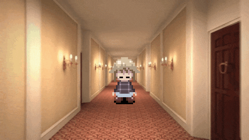 a pixel art of a person in a hallway with candles on the walls