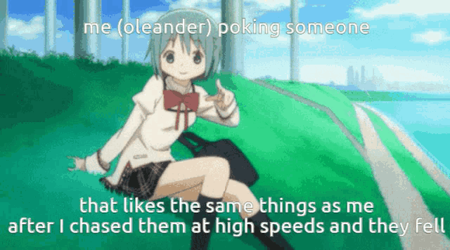 a cartoon of a girl giving a thumbs up with the words me oleander poking someone