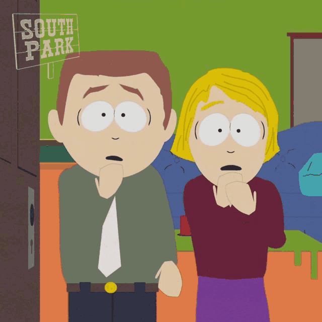a couple of cartoon characters with a sign that says south park