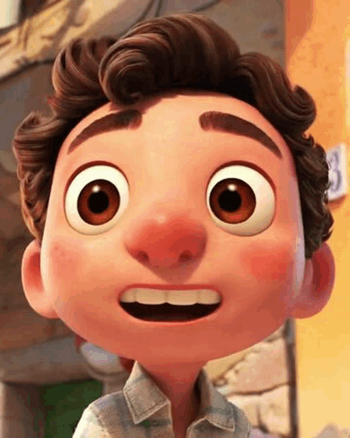 a close up of a cartoon boy 's face with big eyes and a surprised look on his face .