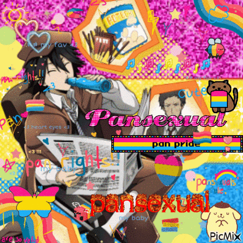 a picture of a man holding a newspaper with the words pansexual on it