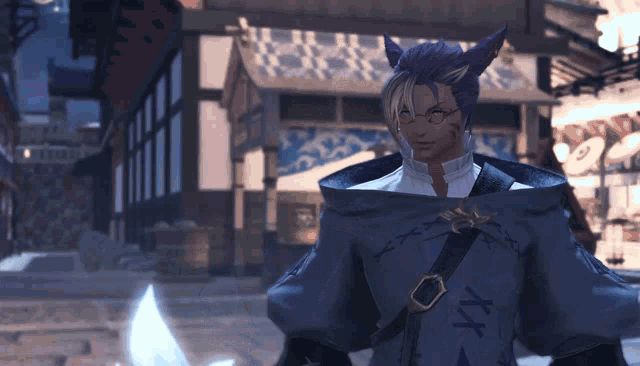 a man with purple hair and glasses is wearing a blue coat with the letter x on it