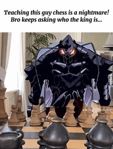 a chess board with the caption teaching this guy chess is a nightmare bro keeps asking who the king is ....