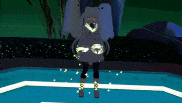 a girl in a glow in the dark outfit stands in front of a pool of water