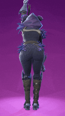 a purple background with a person in a costume