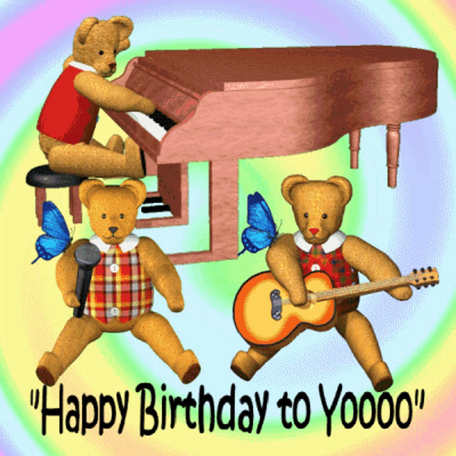 a teddy bear playing a piano and a teddy bear holding a guitar with the words " happy birthday to yooo "