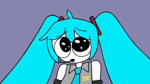 a cartoon of hatsune miku with blue hair and black eyes .