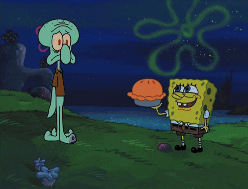 a cartoon scene with a spongebob character and a rock in the grass