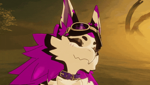 a purple and white furry animal wearing a collar and goggles