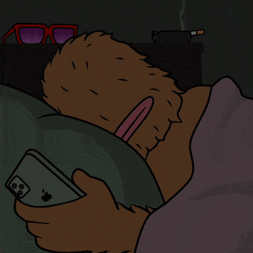 a cartoon of a bear laying in bed holding an apple iphone