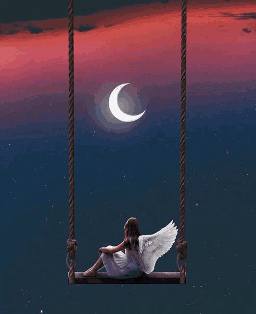 a girl with angel wings is sitting on a swing with a crescent moon in the background