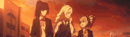 three anime girls are standing next to each other in front of a fire .