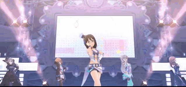 a group of anime girls are standing on a stage .