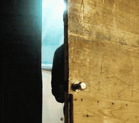 a person standing behind a door with a knob on it