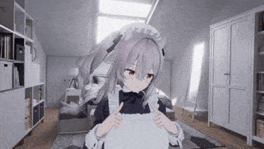 a maid giving a thumbs up in a room