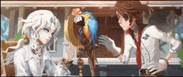 a boy and a girl are standing next to each other with a parrot on their arms .