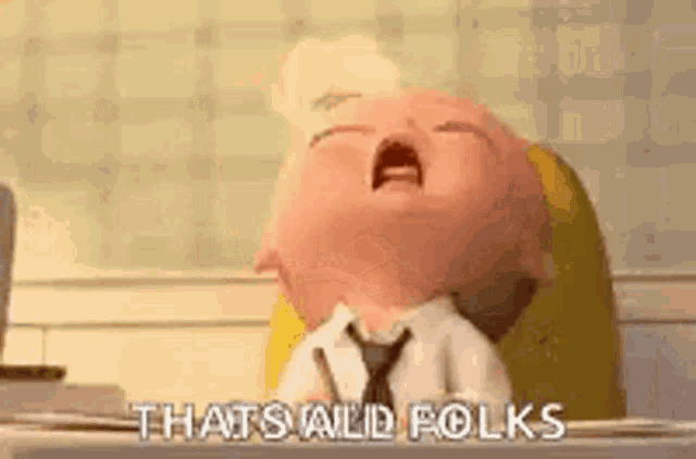 a baby in a suit and tie is crying while sitting at a desk and saying `` that 's all folks '' .