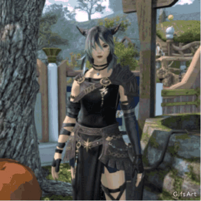 a gif of a woman standing next to a tree with the words gifs art on the bottom right