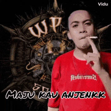 a man in a red shirt is smoking a cigarette in front of a skull on a black background .