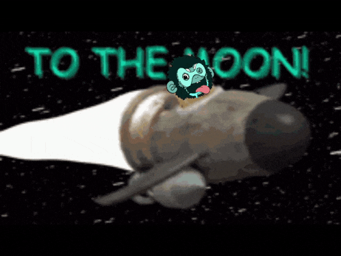 a cartoon of a monkey on a spaceship with the words to the moon behind it