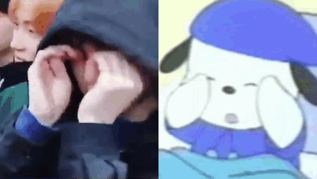 a close up of a person covering their ears next to a cartoon dog with a blue hat .