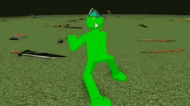 a green cartoon character is standing in a field surrounded by swords and arrows .