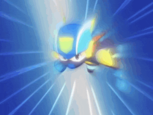 a cartoon character is flying through the air in a blue background