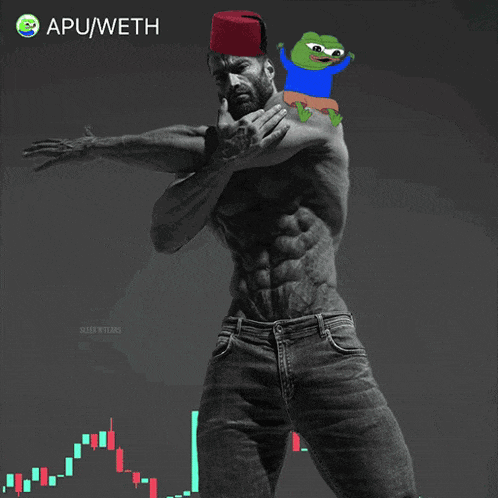 a man is doing a dab with a frog on his shoulders and the words apu / weth are on the bottom