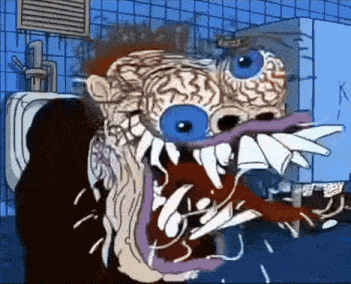 a cartoon character with a beard and huge teeth is standing in a bathroom .
