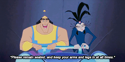 a cartoon says " please remain seated and keep your arms and legs in all times "