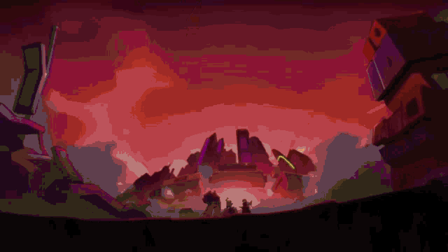 a cartoon scene with a red background and a yellow beam