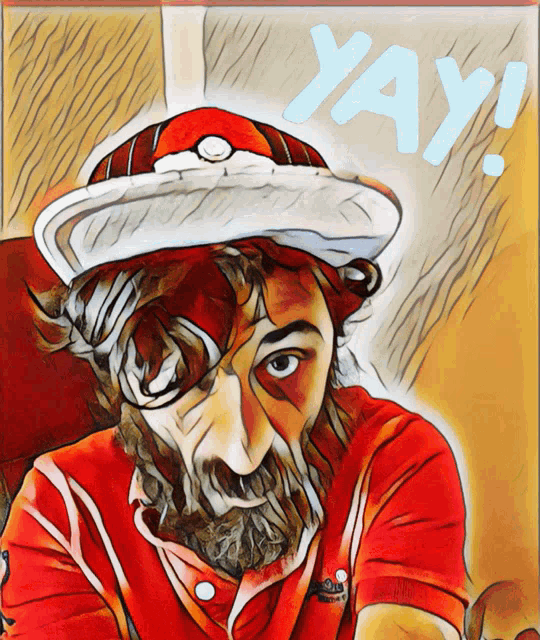 a cartoon of a man with a beard wearing a red shirt and a hat with the word yay on it
