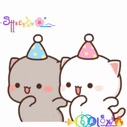 two cartoon cats wearing party hats are standing next to each other on a white background with the word sheeyou on it