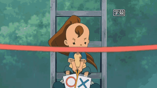 a cartoon character holding an x and o sign