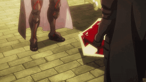 a man holding a red and white shield stands next to a woman