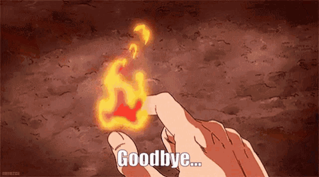 a hand is holding a fire with the words goodbye written below it