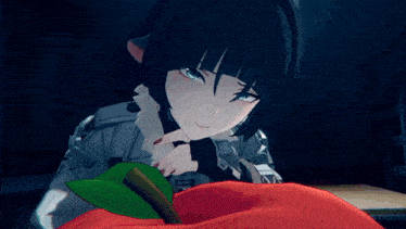 a girl in a video game is holding a red apple