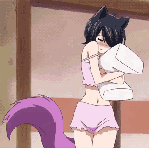 a girl with black hair and a purple tail is hugging a pillow