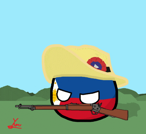 a cartoon of a ball with a rifle and a hat on it
