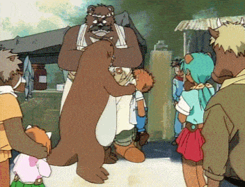 a group of cartoon characters are standing around a large bear