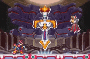 a video game scene with a robot and a sword in the background .