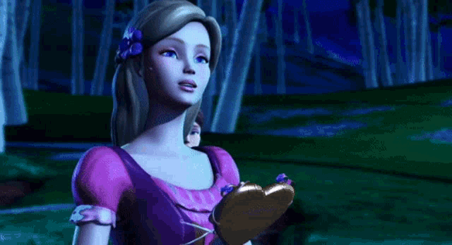 two barbie dolls are standing next to each other in a field at night
