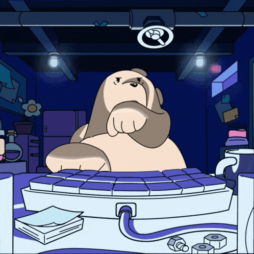 a cartoon drawing of a bear sitting in a dark room