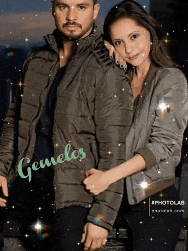 a man and a woman are standing next to each other with the word gemelos written on the bottom
