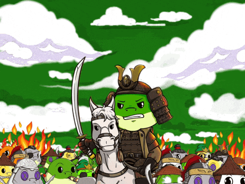 a cartoon drawing of a frog holding a sword riding a horse