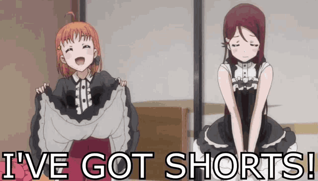 two anime girls are standing next to each other with the words i 've got shorts on the bottom