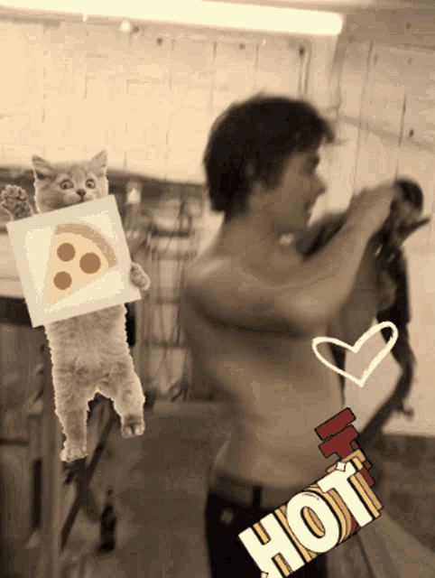 a man without a shirt is holding a cat holding a pizza and the word hot is on the bottom