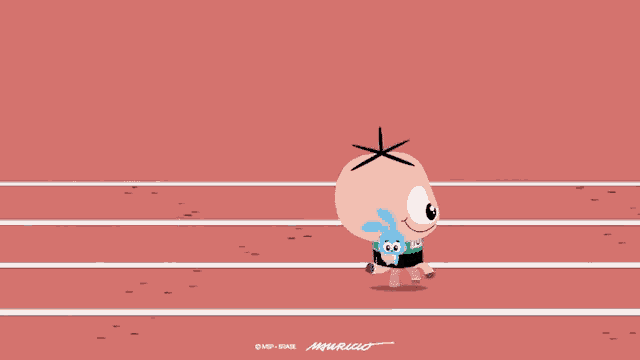 a blue bunny is jumping over a hurdle on a red track .